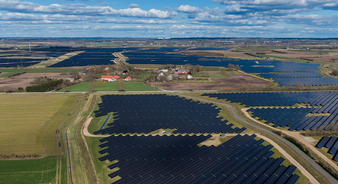 Aerial view of 340 ha solar park near the village of Hjolderup, built by European Energy. Photo: Kenneth Bagge Jørgensen