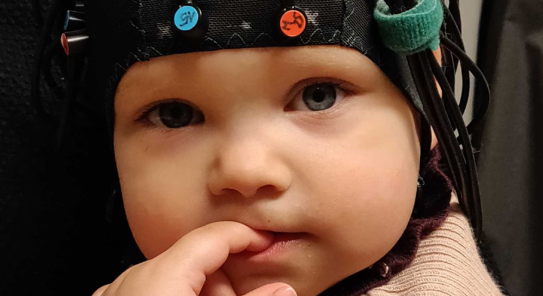 Baby wearing a cap for measuring brain activity used in the lab at the Centre for Early Childhood Cognition. Photo: Centre for Early Childhood Cognition